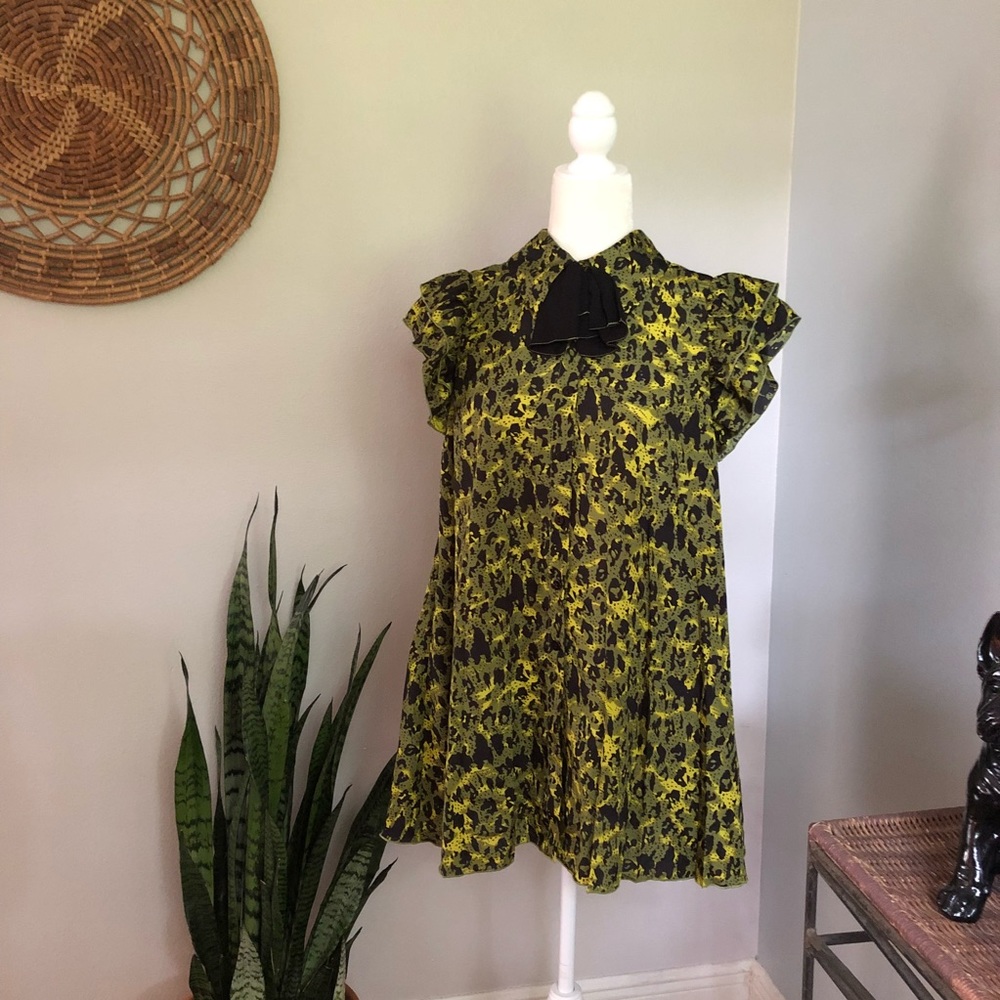 Green Leopard Bow Neck Ruffle Tunic